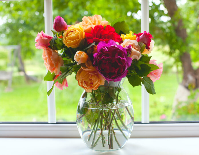 large vase with colorful roses