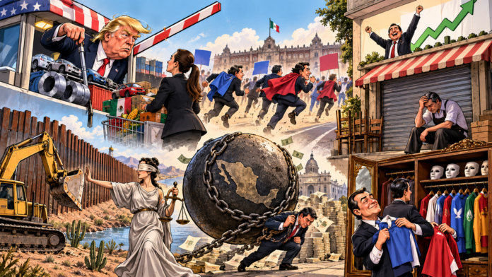 Collage satírico de México y Estados Unidos